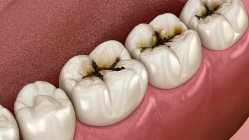 Molar teeth damaged by caries.