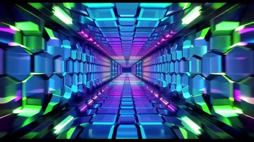 Futuristic Hexagon Tunnel with Neon Flashing Lights 3D Motio