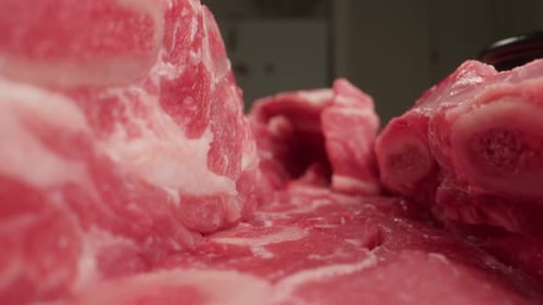 Raw Minced Meat Macro Probe Lens Beef or Pork Red Minced Burger Meat Close Up Tunnel Rotation