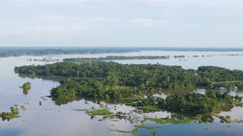 Forested flood land area submerged in flood water. Aerial drone flying shot in Bangladesh