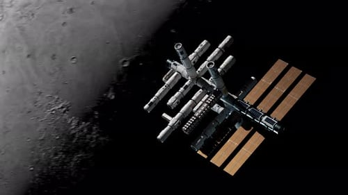 große Raumstation, die den Mond umkreist. Das Konzept der Erforschung neuer Planeten und Satelliten.