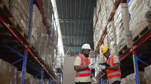 Logistics employees are working warehouse.