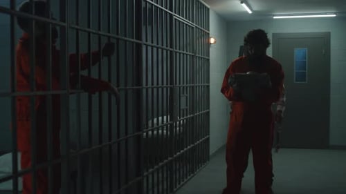 Prison Officer Locks Criminal in Orange Uniform in Jail Cell