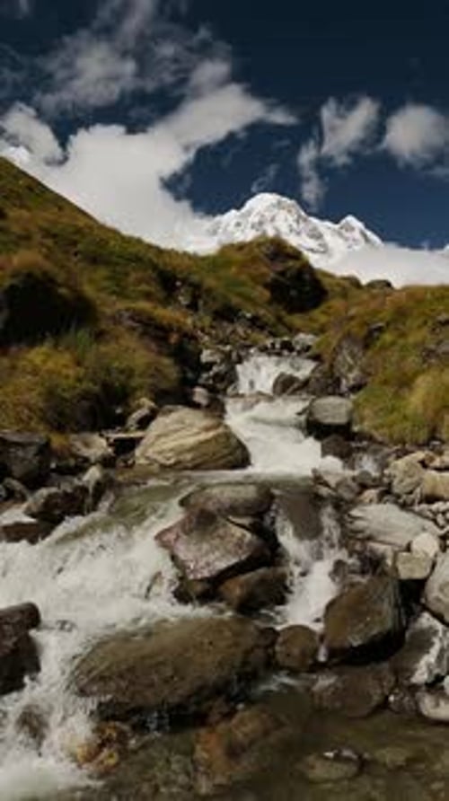 River Waterfall Stream and Nepal Mountains, Vertical Video for Social Media Instagram Reels and Tikt