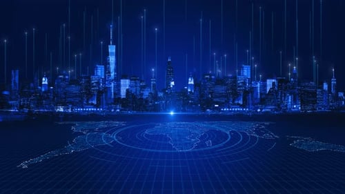 3D Digital Futuristic Business City Cityscape with Skyscrapers Technology Concept Hyperlapse Lines