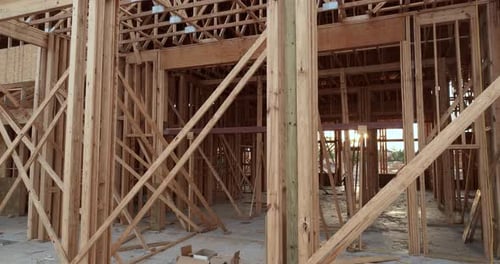 Wooden Construction Frame of New Condo Building Under Development Residential Housing Manufacturing