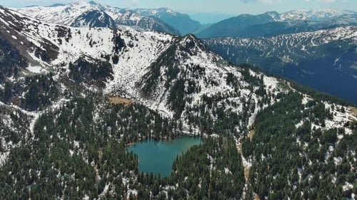Bergsee mit Schneebergen und grünem Wald