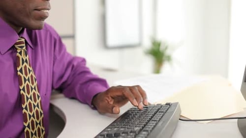 Smiling african american businessman working at computer in modern office