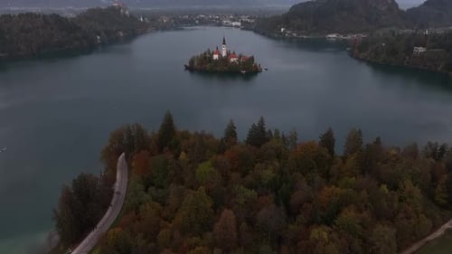 Aerial drone view of famous lake Bled in autumn, Slovenia