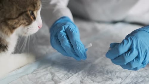 Close-up of veterinarian hands in medical gloves opening new package of medicine next to the cat.