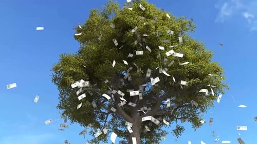 Tree of Wealth with Flying Dollar Bills