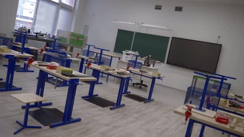 Bright Classroom with Work Benches and Tools