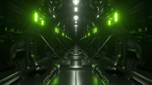 Flying Down an Endless Dark Corridor with Green Neon Lighting