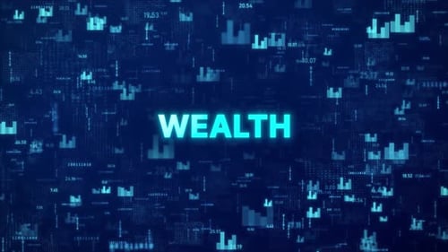 Futuristic Digital Data and Bar Graphs Background with WEALTH Text