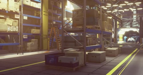 Warehouse Interior with Shelves and Boxes During Daytime Operations