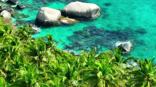 Stunning coconut trees and blue sea water in tropical island. Thailand.