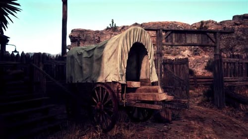 Una auténtica ciudad occidental con una rústica carreta cubierta