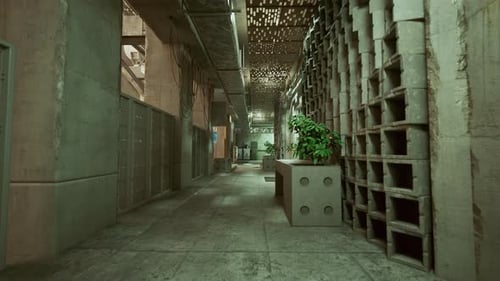 Tracking Shot Through Modern Concrete Industrial Hallway