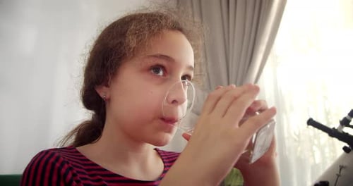 Slow Motion Little Girl Drinks Water Closeup Kid Drinking Cup Water Healthy Body Care Healthy