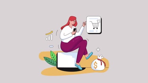 Woman with Smartphone Shopping Online and Business Growth Animation