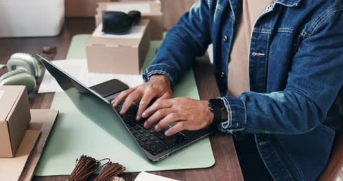 Supply chain, typing and hands of man on laptop in office for online orders