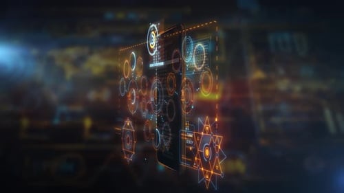 Smartphone Showing Futuristic HUD Data Management System with Digital Analytics