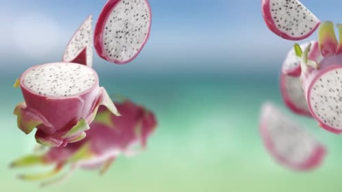 Flying Dragon Fruit and Pitahaya Slices in Beach Tropical Summer Background