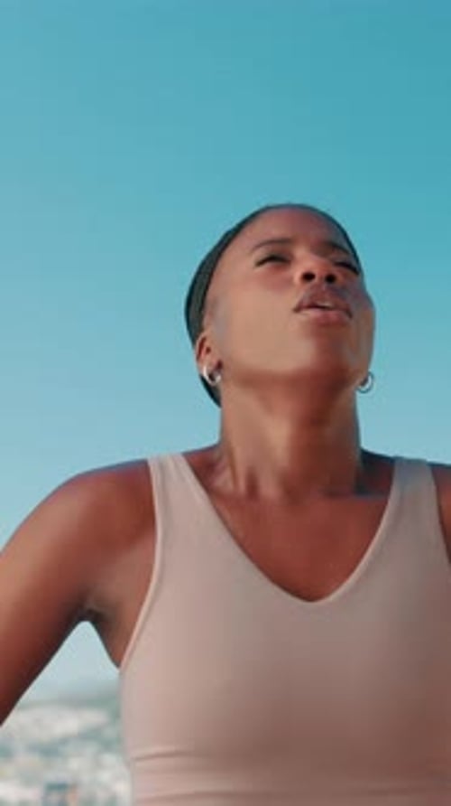 Fitness, black woman and tired with breathing outdoor for workout fatigue