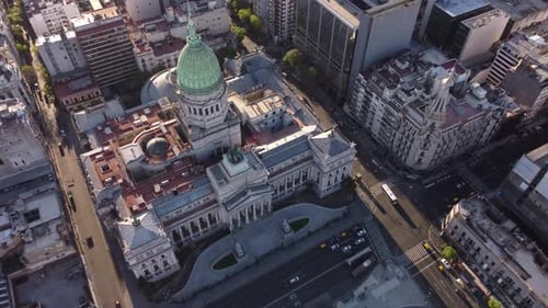 Palace of Argentine National Congress at Buenos Aires. Aerial top-down orbit