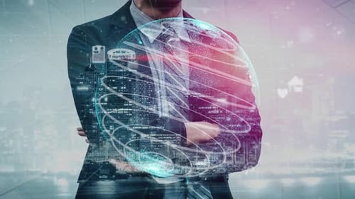 Businessman Overlooking Digital Globe with Data Visualizations, Technology Connections, and Global N