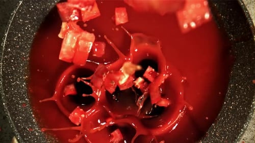 Pieces of Chopped Tomatoes Fall Into the Sauce Filmed on a Highspeed Camera at 1000 Fps