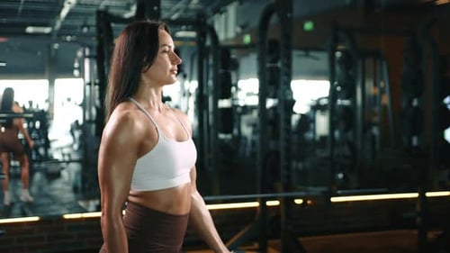 Woman Doing Bicep Curls with Dumbbell in Gym