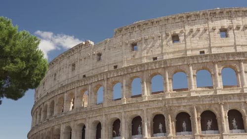 Historical Landmark With Elliptical Amphitheatre In The Centre Of The City Of Rome, Italy. Low Angle