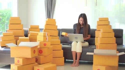 Woman Working on Laptop Surrounded by Shipping Boxes