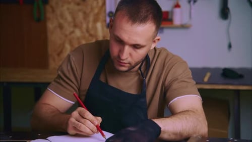 Shoemaker Sketching a New Design on a Notebook