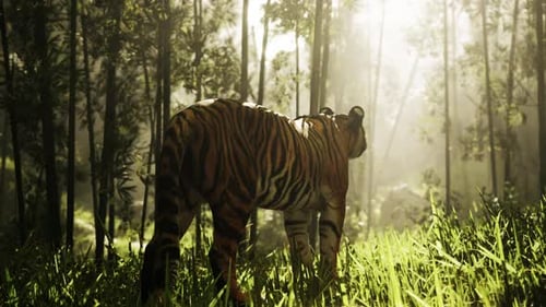 Realistic Tiger in Sunlit Bamboo Forest Animation