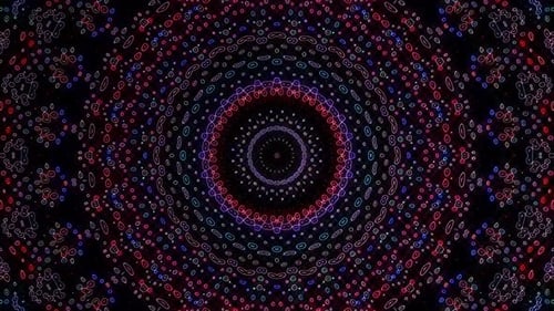 Animated 3D abstract.Curved lines and colorful light points black background,seamless circle