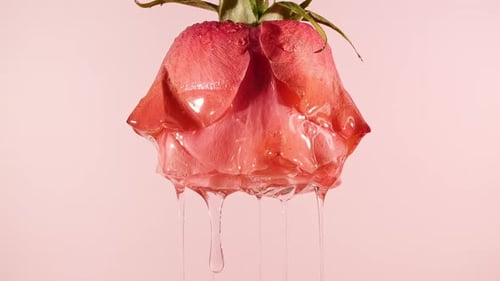 Transparent Cosmetic Extract Aromatic Essential Oil Dripping with Rose On A Pink Background