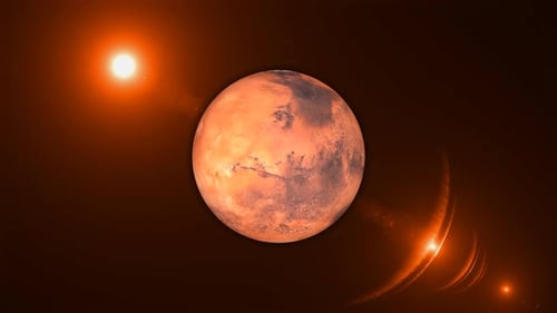 Front view of rotating mars planet with space lighting, science and technology Video concept. Vd 748