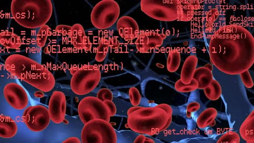 Animation of data processing over red blood cells and blue neurons on black background
