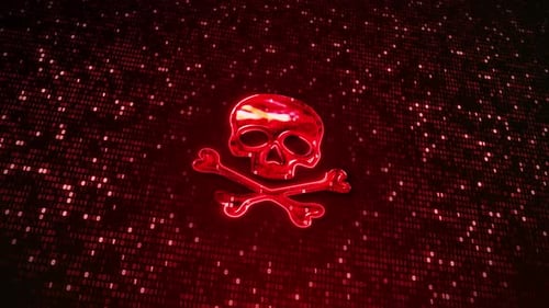 Digital Red Skull and Crossbones with Cyber Binary Code Background