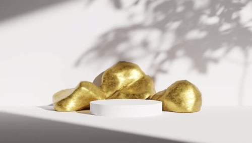 3D Animation of White Circular Podium Near Golden Rocks in Studio