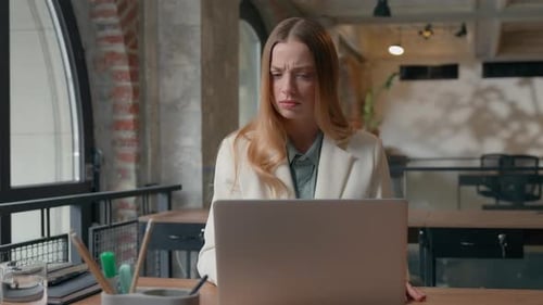 Caucasian Emotional Businesswoman Girl Female Manager Worker in Office Business Woman Talking Online