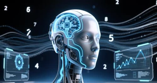 AI Robot Head with Data Flow and Futuristic Interface