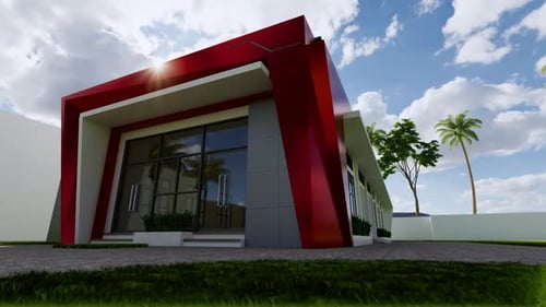 Detalle de renderizado 3D de la fachada roja de la entrada de un edificio moderno - Vista de cerca