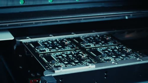 Factory Machine at Work: Printed Circuit Board Being Assembled with Automated Robotic Arm, Pick and
