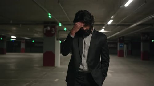Desperate Hopeless Young Indian Man Walking in Underground Parking Suffer Financial Crisis Bankrupt
