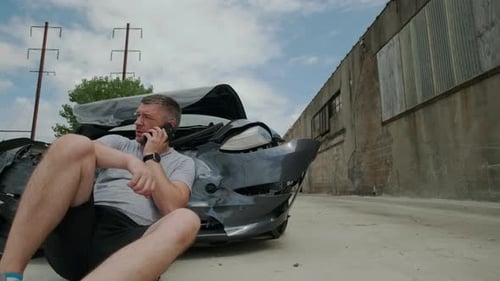 Man Talking on Phone Next to Damaged Car