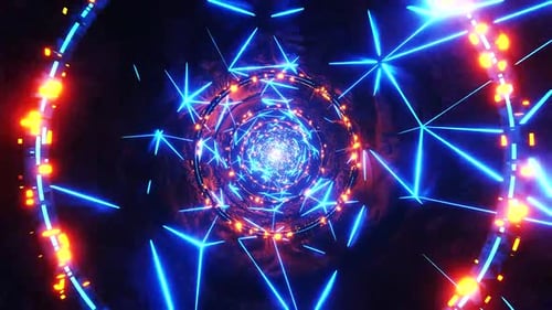 Dynamic neon tunnel with futuristic light streaks, endless motion