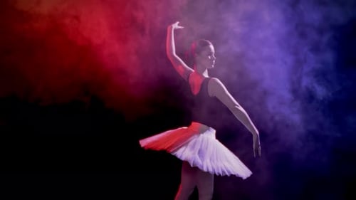 Art and Beauty Amazing Ballerina Dancing in Darkness Red and Blue Light Pretty Woman in White Tutu